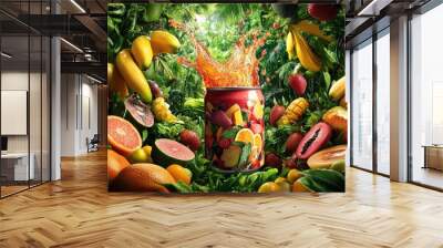 A vibrant image of a fruit juice can with a splash of the drink against a vibrant, tropical fruit garden. The splash is depicted in a way that captures the freshness and vibrancy of the juice. The Wall mural