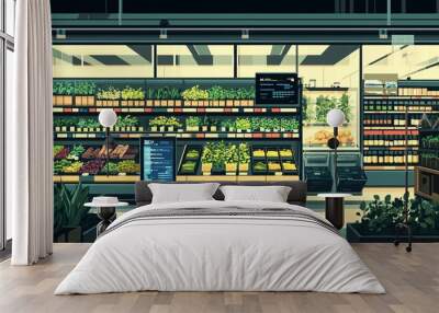 An illustration of a vertical farming system integrated into a retail space. The setup includes vertical racks with fresh herbs and vegetables. The background features a modern store environment with Wall mural