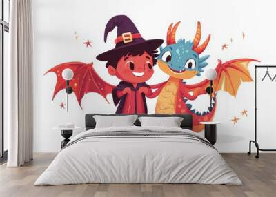 An illustration of two children in halloween costumes, one dressed as a wizard and the other as a dragon, standing with their arms around each other. The children are smiling and looking happy, with Wall mural