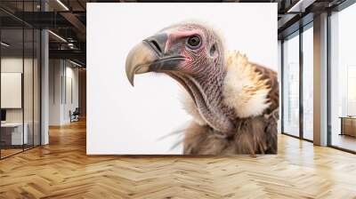 Vulture A vulture, with its bald head and sharp beak, sits on a white background, its keen eyes scanning the ground for carrion. The image highlights the animals role as a scavenger in the ecosystem, Wall mural