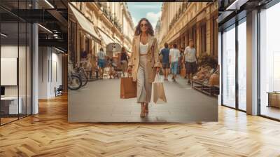 A beautiful model woman walking with shopping bags buying clothes in stores on a city street in france. fashionable lady with high heels. Generative Ai Wall mural