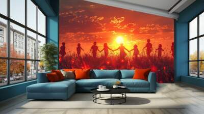 A beautiful silhouette of a multicultural group of children playing joyfully in an open field Wall mural