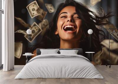 a Beautiful woman winning a lottery concept. Smiling young woman, happy expression, mouth open of excitement - money banknotes flying in air around. Wall mural