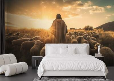 A bible jesus shepherd with his flock of sheep during sunset. Generative AI Wall mural