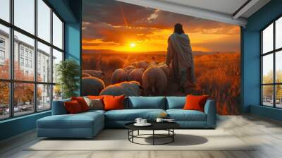 A Bible scene depicts Jesus as a shepherd with his flock of sheep during sunset. Wall mural