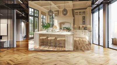 A blend of sophistication and comfort defines this luxury kitchen, with its white interior, wooden floor, and a central kitchen island designed for both aesthetics and practicality. Wall mural