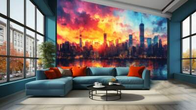 A busy city skyline glowing under a brilliant urban sunset, with skyscrapers silhouetted against the vibrant sky Wall mural