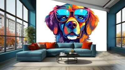 A cartoon colorful dog with sunglasses on white background. Colorful. Generative AI Wall mural