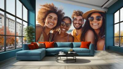 A group of friends candidly enjoying on a beach vacation, smiling broadly with joy and gratitude, embodying happiness by the serene ocean. Generative Ai Wall mural