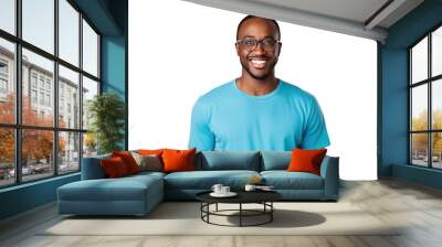 A happy african american man wearing blue tshirt and glasses isolated on transparent background. Wall mural