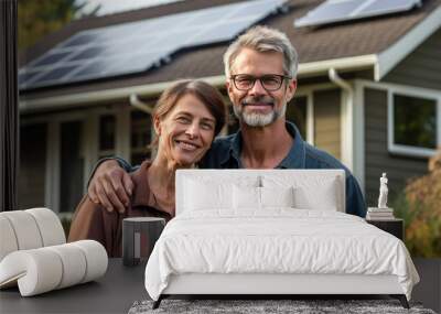 A happy couple stands smiling in front of a large house with solar panels installed. Generetive Ai Wall mural