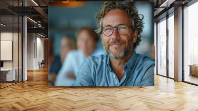 A happy professional man in office with eyeglasses, folded arms and confident expression as other workers hold a meeting in background. Wall mural