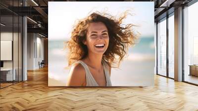 A happy woman on a beach vacation, smiling broadly with joy and gratitude, embodying happiness by the serene ocean.  Generative Ai Wall mural