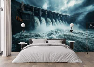 A hydroelectric dam producing renewable energy, with water rushing through and powering turbines Wall mural