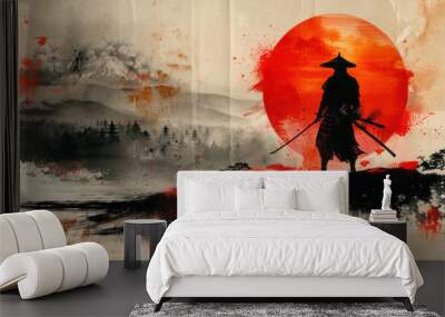 A japanese Samurai Warrior encircled, with a brilliant red sun behind, reflecting tradition and strength. japanese samurai. Wall mural