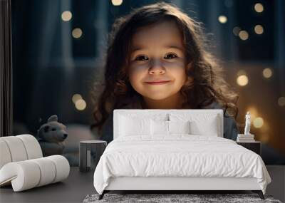 A little girl feeling happy enjoying drinking milk before going to bed at home bedroom. Generative Ai Wall mural