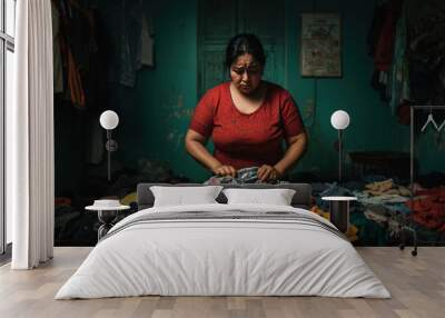 A person folding clothes in a dimly lit room, their subtle grief apparent in the slow, deliberate movements as they carry out the task Wall mural