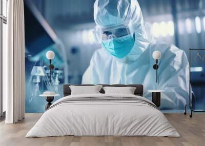 A researcher in a protective mask working in a laboratory of a research institute. Creation of innovative medicines and vaccines. Laboratory concept. Wall mural