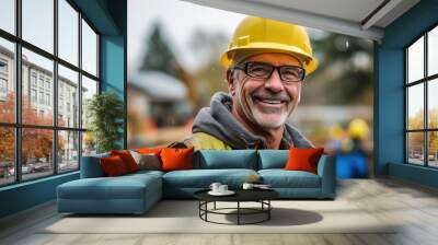 A smiling man working on a construction site, construction hard hat and work vest. middle aged. Generative Ai Wall mural