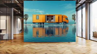 A truck loaded with moving boxes and furniture, Moving truck concept. Wall mural