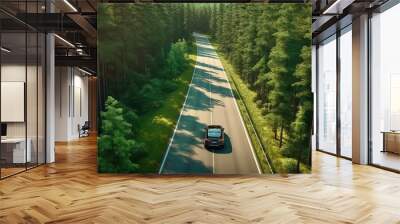 Aerial view of Modern Electric car and EV electrical energy for environment, EV car on forest road, Ecosystem ecology healthy environment. Generative Ai Wall mural