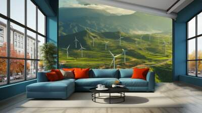 Aerial view of Wind turbines generating green power high in mountains. Generative Ai Wall mural