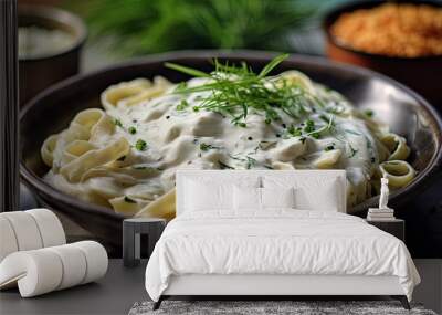 Alfredo pasta dinner with creamy white sauce and herbs. Generative Ai Wall mural