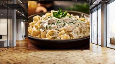 Alfredo pasta dinner with creamy white sauce and herbs. Generative Ai Wall mural