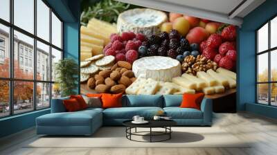 An elegant cheese board with an assortment of cheeses, fruits, nuts, and crackers, arranged beautifully for a gourmet presentation Wall mural