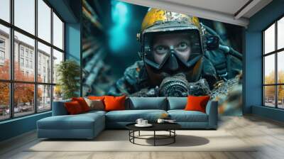 an underwater scene featuring a welder in advanced diving equipment, performing critical maintenance Wall mural