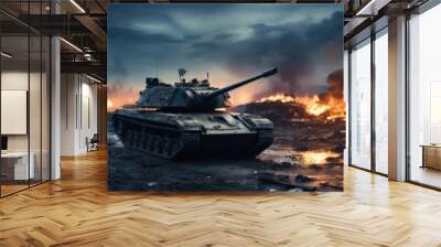 Armored tank crosses a mine field during war invasion epic scene of fire and some in destroyed city. Wall mural