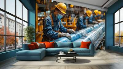 Asia workers working at technology production factory with industrial machines, manufacture. Wall mural