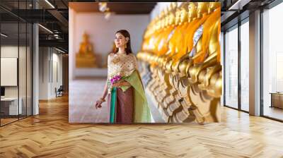 Asian beautiful woman wearing traditional thai culture,vintage style,Thailand Wall mural