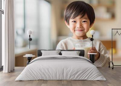 Asian little boy cute kid holding a cup of milk, feel happy enjoy drinking milk  in kitchen. Generative Ai Wall mural