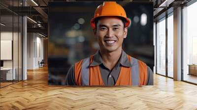 Asian Male Engineer in Safety Vest and Hardhat. Professional Asian Man Working in the Modern Manufacturing Factory. Generative Ai Wall mural