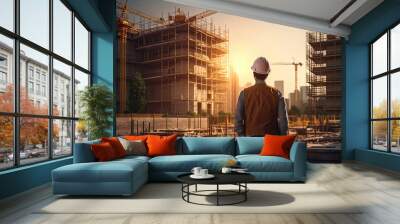 Back view of Civil engineer standing looking at unfinished construction project, real estate business concept. Generative Ai Wall mural