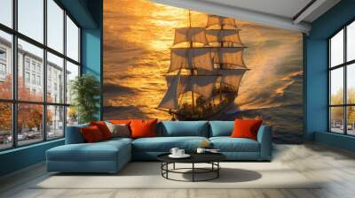 Barque ship in the ocean at sunset. Generative Ai Wall mural