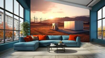 Battery energy storage system with wind turbines and solar. Wall mural