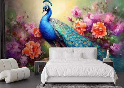 Beautiful Peacock, Watercolor Painting of Peacock on Flower. Wall mural