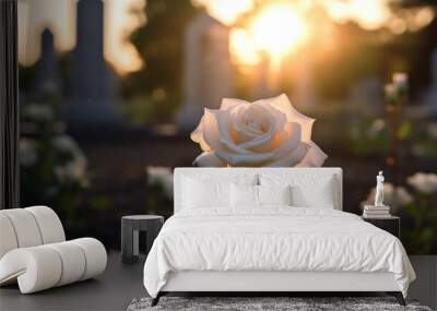 Beautiful white rose on Catholic cemetery with a grave marker and cross engraved on it. Funeral concept. Wall mural