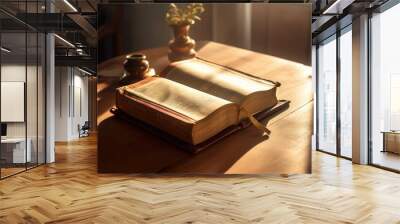 Bible,  Shining Holy Bible on the wooden table. Generative Ai Wall mural