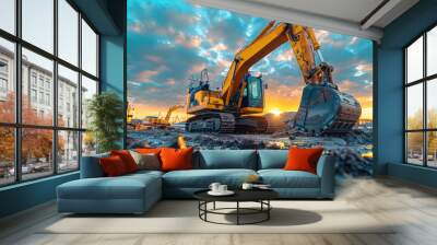 Big excavator in construction site on blue sky background. Wall mural