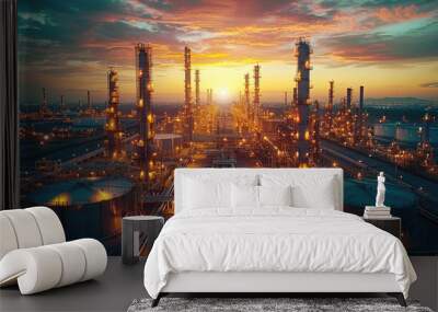 Big industrial oil tanks in a refinery base plant at sunset. Wall mural