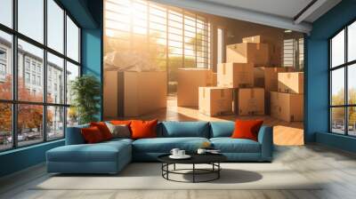 Boxes waiting to be moved into a new home, Moving house day and real estate concept. Wall mural