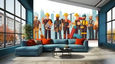 Builders and construction workers in helmets. Diverse people working in building industry, architect, painter, engineers and repairman isolated line art flat vector illustration. Generative Ai Wall mural