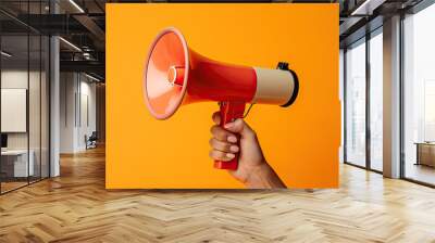 Close up hand holding megaphone, marketing and sales, orange background. Wall mural