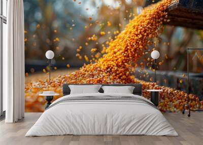 Close up of Pouring corn grain into tractor trailer after harvest. Wall mural