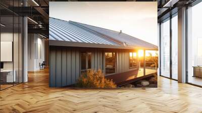 Corrugated metal roof installed in a modern house. Metal sheet roof. Wall mural