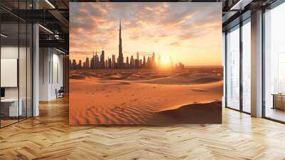 Desert in dubai city background united arab emirates beautiful sky in the morning sunrise. Generative Ai Wall mural