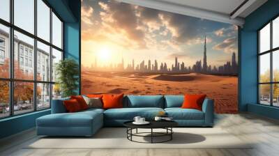 Desert in dubai city background united arab emirates beautiful sky in the morning sunrise. Generative Ai Wall mural